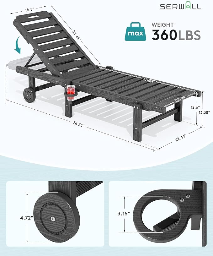 SERWALL Outdoor Chaise Lounge Chair, HDPE Patio Lounge Chair - Image 3