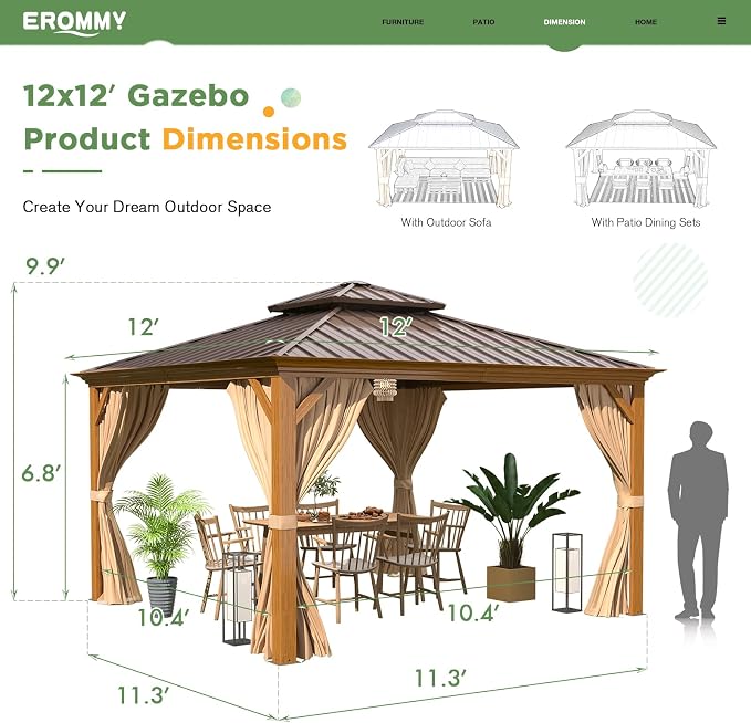 EROMMY 12' x 12' Gazebo, Wooden Finish Coated Aluminum Frame Canopy - Image 4