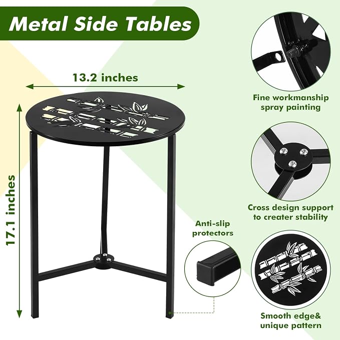 Party Zealot Set of 2 Small Round Metal Side Tables, 13-Inch Black Outdoor End - Image 3
