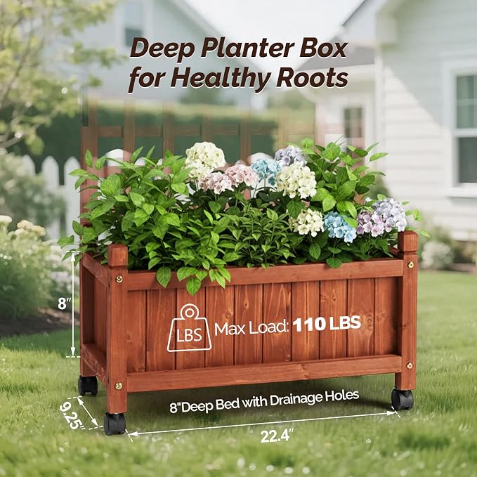 VINGLI 2PC Wooden Planter with Trellis, FreeStanding Planter Box with Drainage - Image 3