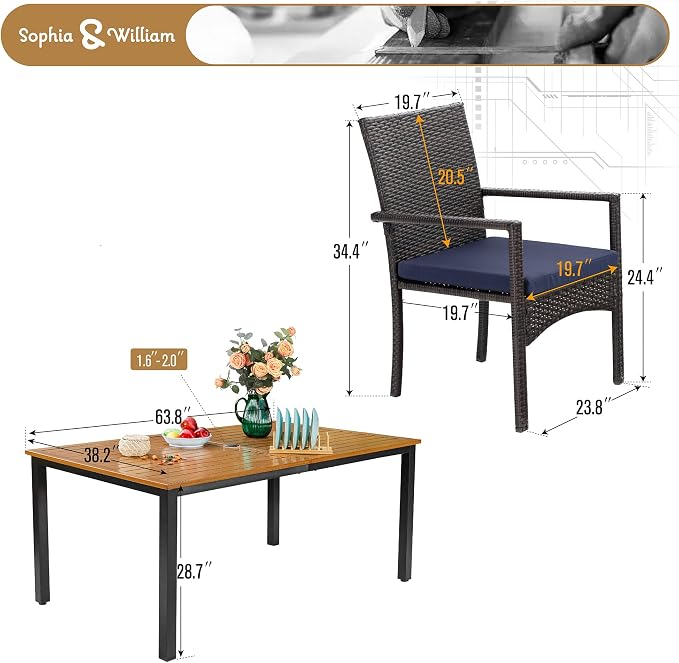 Sophia & William 7 Pieces Patio Dining Set, Metal Patio Table and Wicker Chairs - Image 9