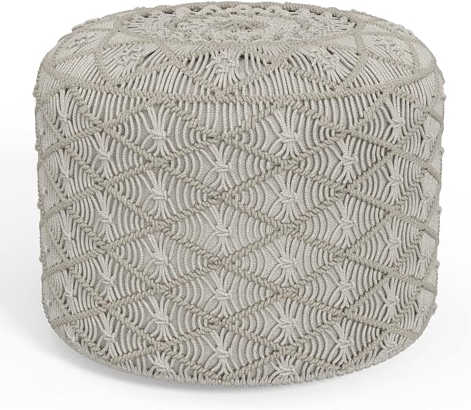 SIMPLIHOME Coates Contemporary Round Macrame Pouf in Cloud Grey Cotton by SimpliHome