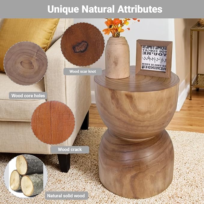 Small Wooden Side Table, 15.75" H Hand Carved Rustic Tree Stump End Table - Image 3