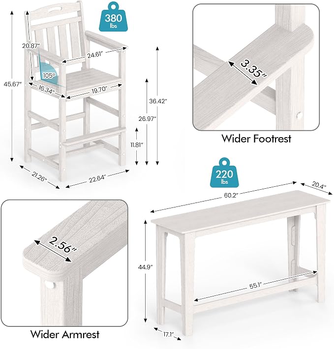 Ciokea 3 Pcs Outdoor Bar Height Table Set, Heavy-Duty All-Weather HDPE Patio - Image 3