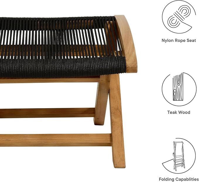 Modway Vienna Outdoor Patio Teak Wood Folding Ottoman in Natural Black - Image 4