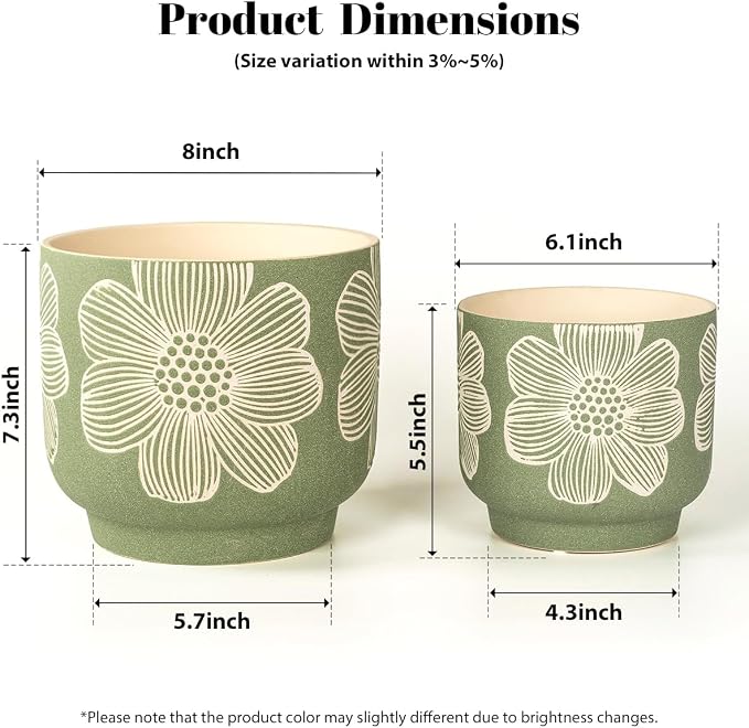 YBX 8 Inch + 6 Inch White Flower Pattern Plant Pots, Sand Glazed Ceramic Planter - Image 6