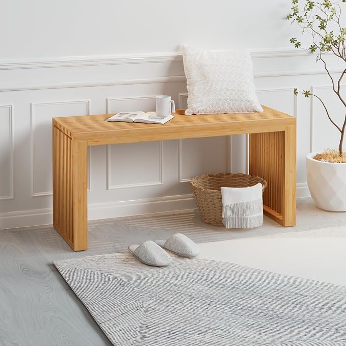 Bamboo Dining Bench Indoor Long Entryway Shoe Rack Benchs, Outdoor Modern Wood - Image 2