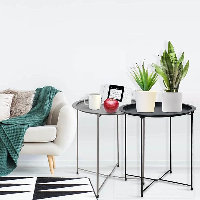 Garden 4 you End Table Metal Side Table Grey Round Folding Tray Cyan Sofa Small - Image 7