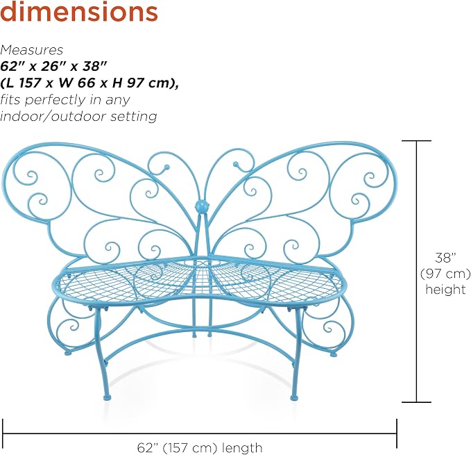 Alpine Corporation BAZ400BL Indoor Outdoor Metal Butterfly Shaped Garden Bench - Image 3