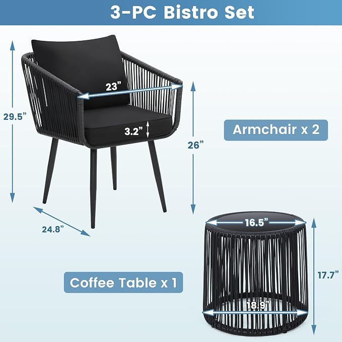 Kromax 3 Pieces Patio Rattan Bistro Conversation Set, Outdoor All-Weather - Image 5