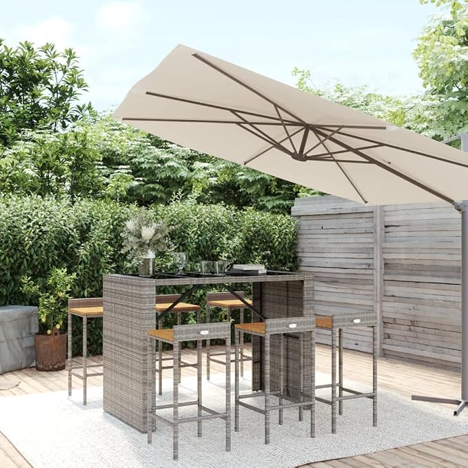vidaXL 3-Piece Stylish Patio Bar Set: Gray Poly Rattan & Solid Acacia Wood - - Image 2