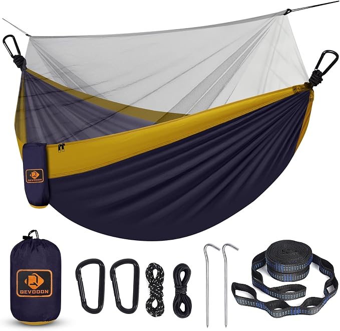Camping Hammock with Net, Travel Portable Lightweight Hammocks with Tree Straps by QEVOOON