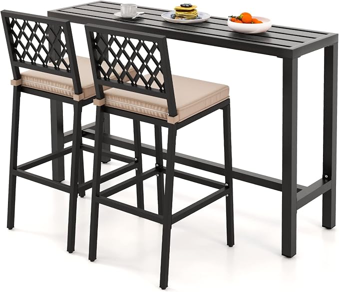 COSTWAY 3 Piece Outdoor Bar Table and Chairs Set, Metal Patio Bar Table Set by COSTWAY