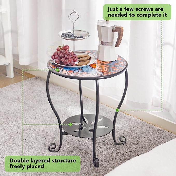 Outdoor Side Table Mosaic Patio Small End Table Metal Coffee Tea Accent Table - Image 6