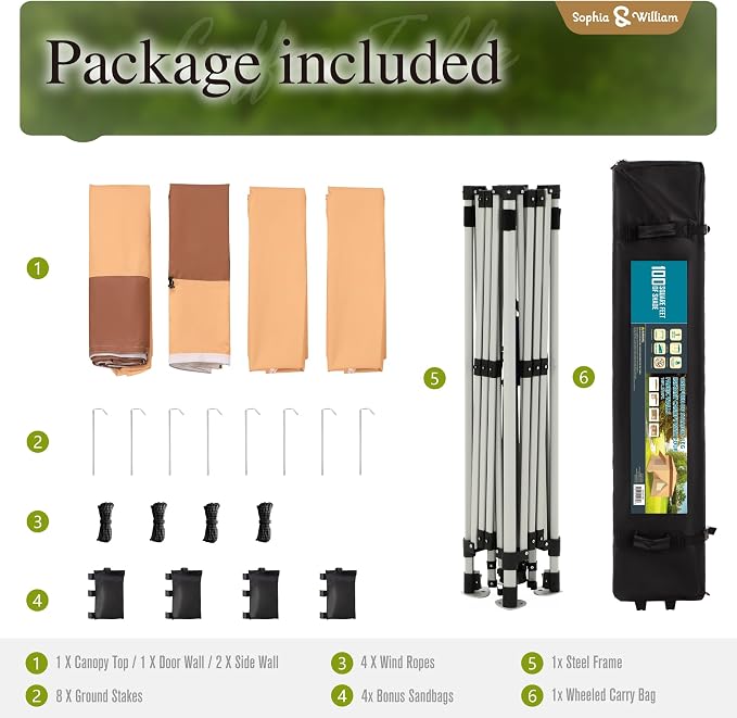 Sophia & William Canopy Tent Pop Up 10x10 ft One Person Push Set Up Canopies - Image 8