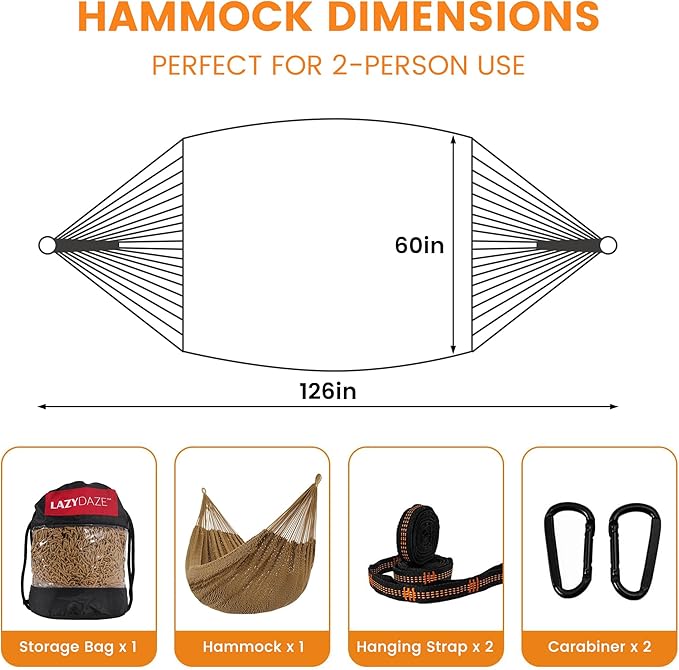 Lazy Daze Hammocks Handwoven Mayan Hammock, 10.5 FT Soft Rope Double Hammocks - Image 3