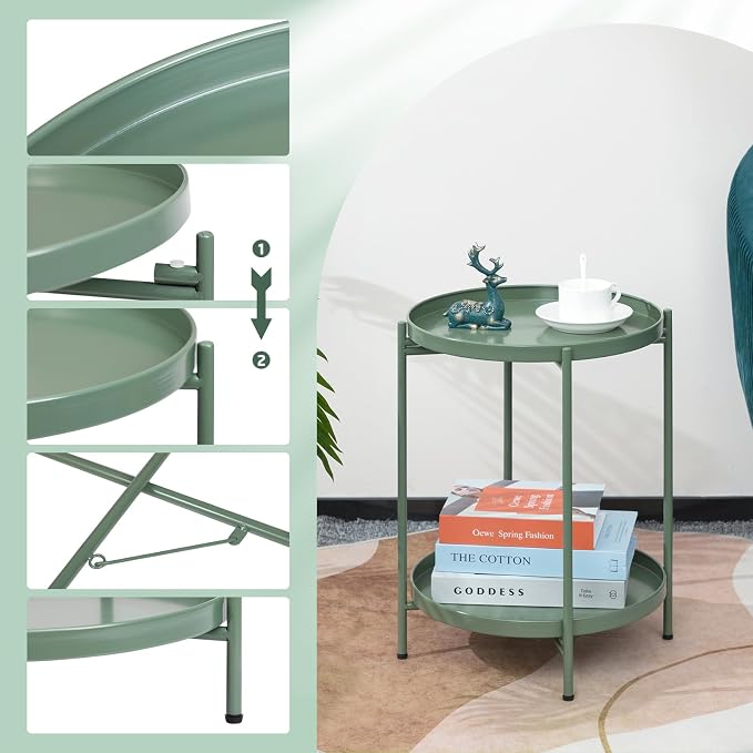 HollyHOME 2-Tier Round Side Table, Outdoor Small Folding Accent Stand - Image 4