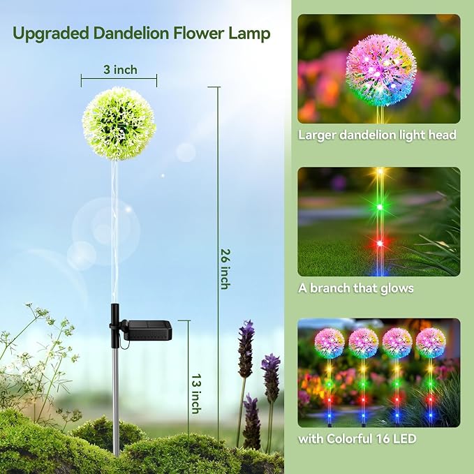 Solar Garden Lights Outdoor Decor: 4 Pack Dandelion Solar Flower Lights - Image 5
