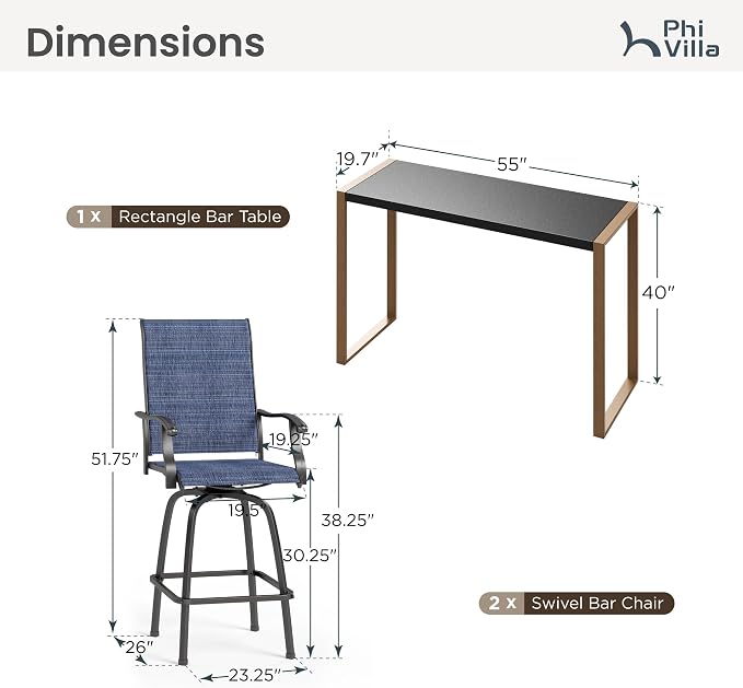 PHI VILLA 3 Piece Outdoor Bar Set, High Top Patio Bistro Table and Bar Chairs - Image 7