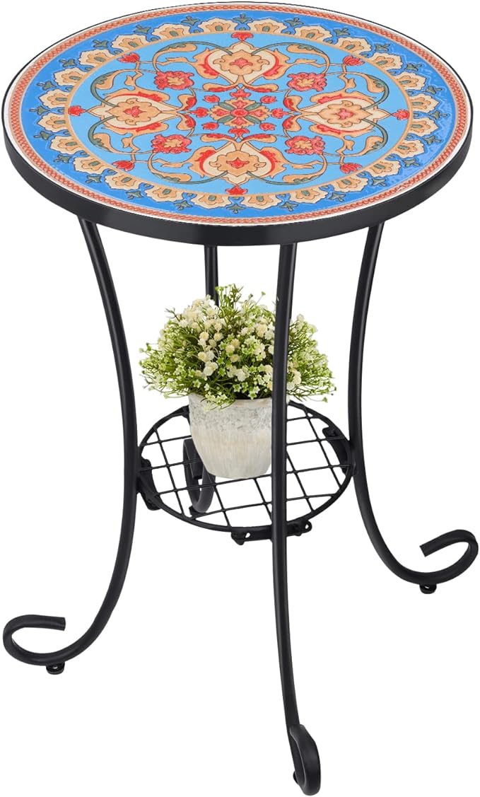 VCUTEKA Outdoor Side Table Mosaic Patio Table Accent Tables Mosaic Tile Top by VCUTEKA