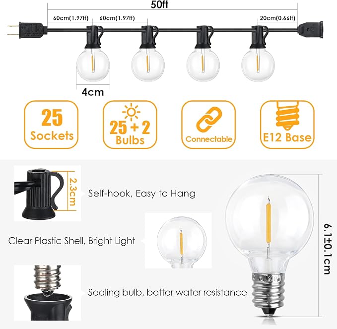 Mlambert 50Ft LED Outdoor String Lights G40 Globe Dimmable Patio Light - Image 7