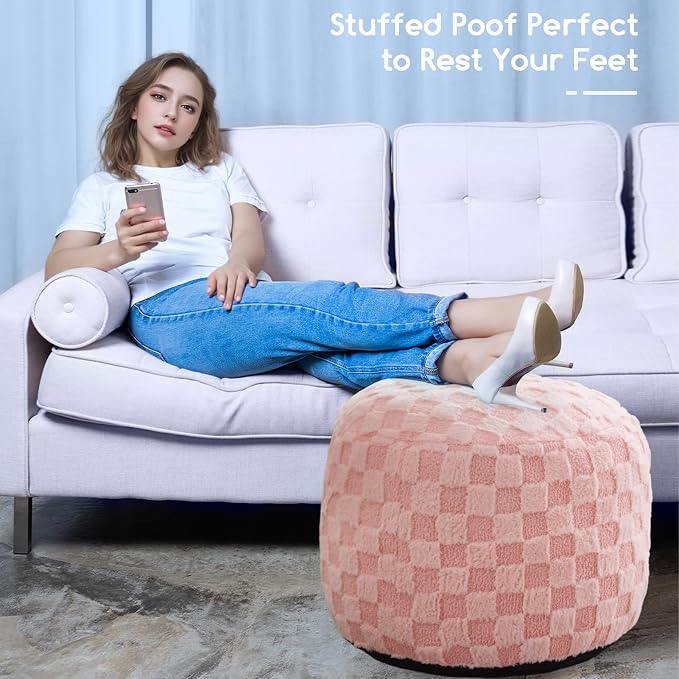 HIGOGOGO Round Stuffed Pouf Ottoman, Plaid Poufs - Image 6