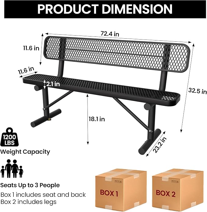 6 Feet Heavy Duty Metal Park Bench - Image 2