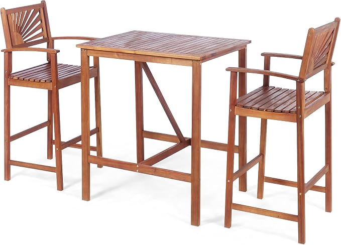 COSTWAY 3PCS Bar Table Set, Outdoor Acacia Wood Dining Set, Spacious Tabletop by COSTWAY