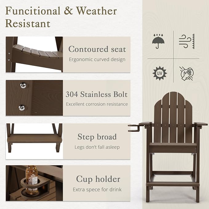 LUE BONA Tall Adirondack Chair Set of 4, All Weather HDPS Bar Height Chairs - Image 4