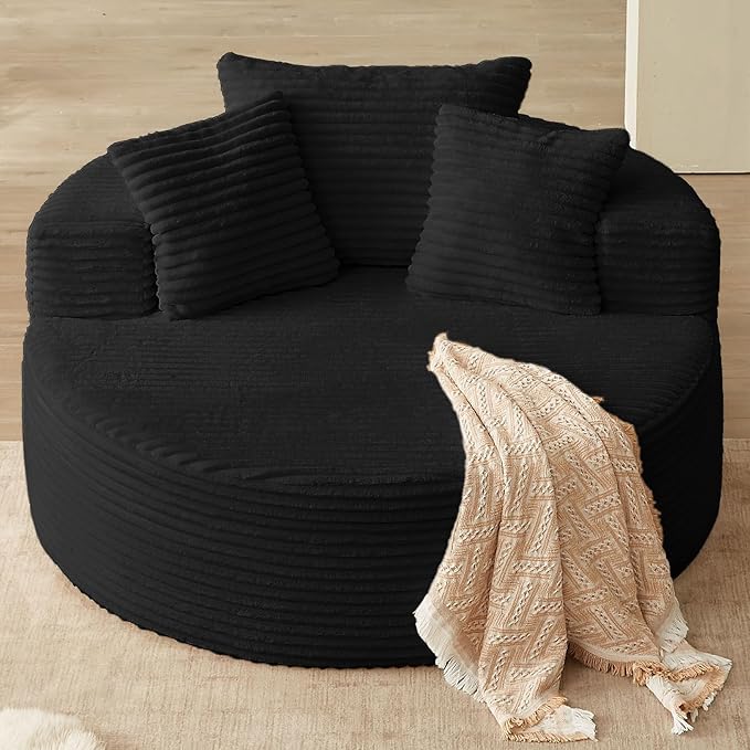 Oversized Round Chair Lounge Chaise Indoor, Upholstered Corduroy Deep Seat by Lakifun