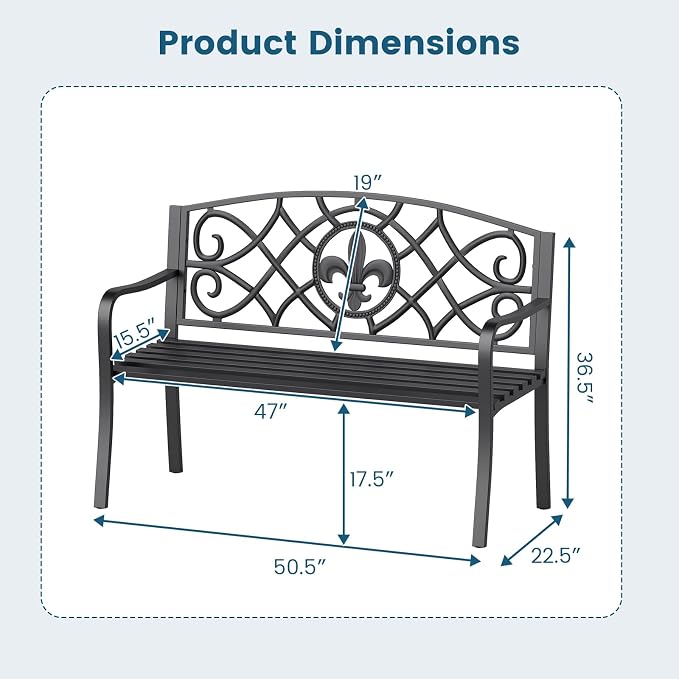 Tangkula Metal Outdoor Garden Park Bench, 50.5 Inch Metal Slatted Loveseat - Image 3