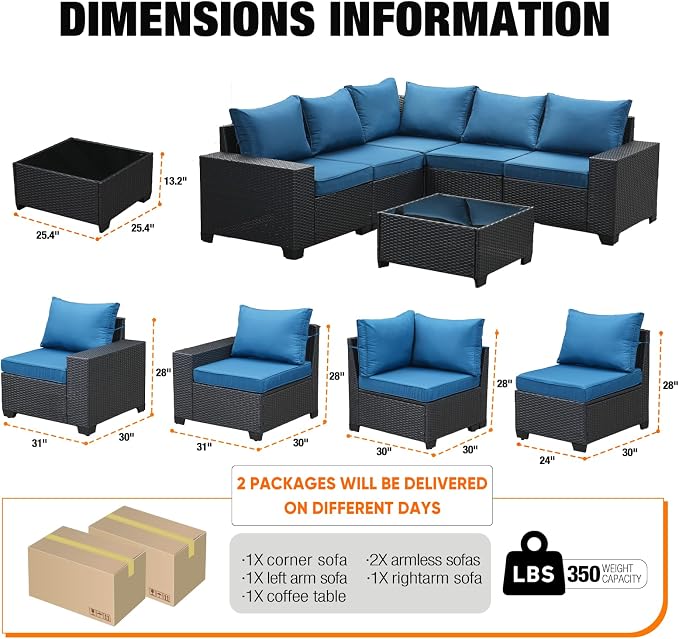 6 Pieces Patio Furniture Set All-Weather Outdoor Wicker Sectional Conversation - Image 4