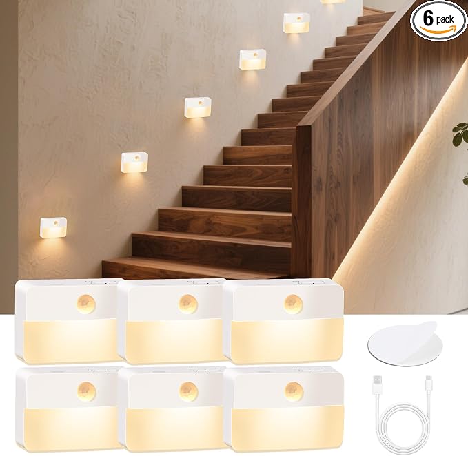 Motion Sensor Night Light for Indoor: 6 Pack Rechargeable Stair Lights LED 35 by DJBoomy