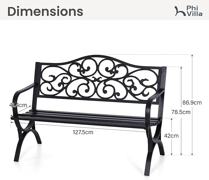 PHI VILLA 50-Inch Cast Iron Steel Frame Garden Bench Outdoor Patio Bench Chair - Image 2