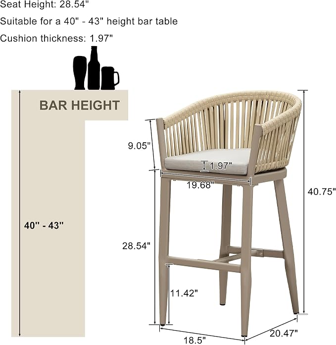 PURPLE LEAF Outdoor Bar Height Stools Set of 2 Patio Metal Modern Wicker Bar - Image 2