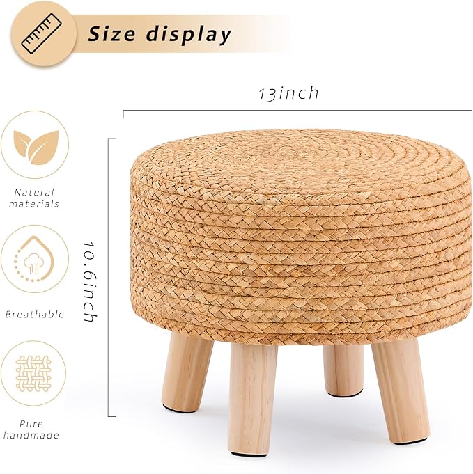 Handwoven Round Ottoman, Natural Water Hyacinth Outdoor Patio Pouf Seagrass Low - Image 3
