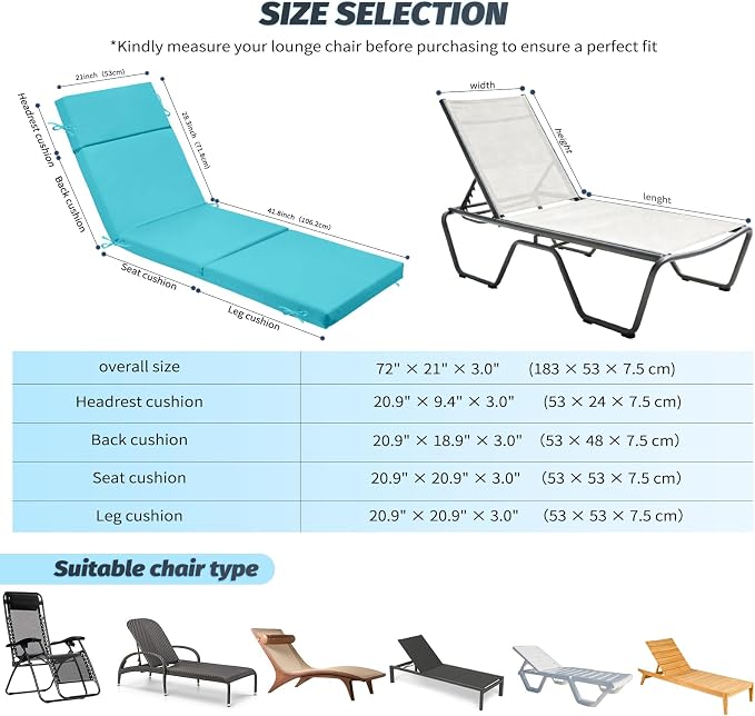 Outdoor Chaise Lounge Cushion 72" x 21" x 3", 4-Section Folding Patio Lounge - Image 3