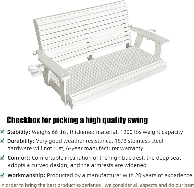 HDPE Porch Swing with 18/8 Stainless Steel Bolts, Ergonomic Design, Ultra - Image 4