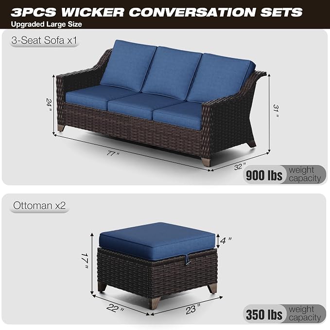 Joyside Patio Furniture Set, 3 Pieces Outdoor Wicker High Back Sofa - Image 2