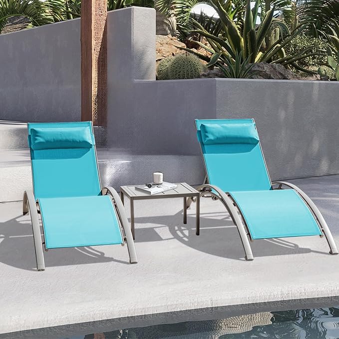Domi Pool Lounge Chairs Set of 3, Adjustable Aluminum Outdoor Chaise Lounge by domioutdoorliving