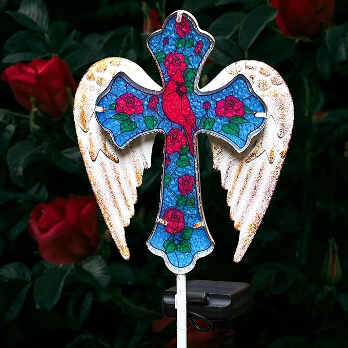 YJFWAL Cardinal Bird&Rose Cross Garden Stake Light, Solar Glass Cross by YJFWAL