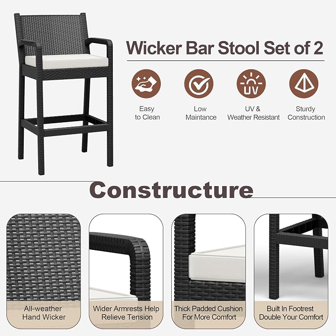 Outdoor Bar Stools Set of 4, Wicker Bar Chair - Image 4