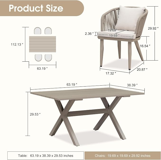 PURPLE LEAF 5 Pieces Patio Dining Set Wicker Outdoor Furniture Rectangular - Image 7