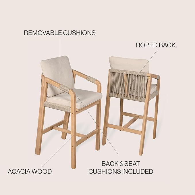 JONATHAN Y BSL1200A-SET2 Porto Modern Coastal Tub Roped Acacia Wood Outdoor Bar - Image 4