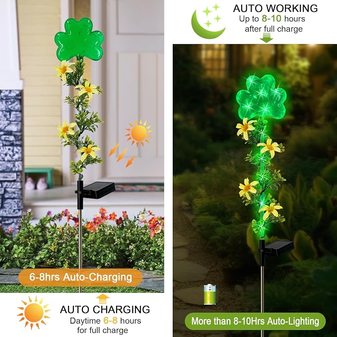 ST Patrick's Day Decorations Outdoor, 2 Pack Shamrock Solar Lights Outdoor - Image 4