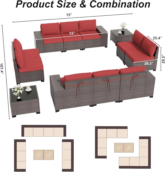 ALAULM 12 Pieces Outdoor Patio Furniture Set Sectional Sofa Sets Brown PE - Image 5