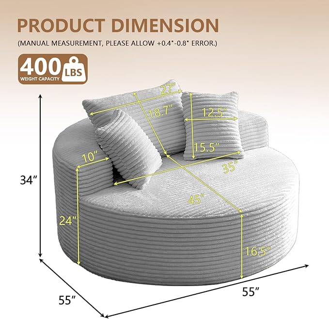 Oversized Round Chair Lounge Chaise Indoor, Upholstered Corduroy Deep Seat - Image 2
