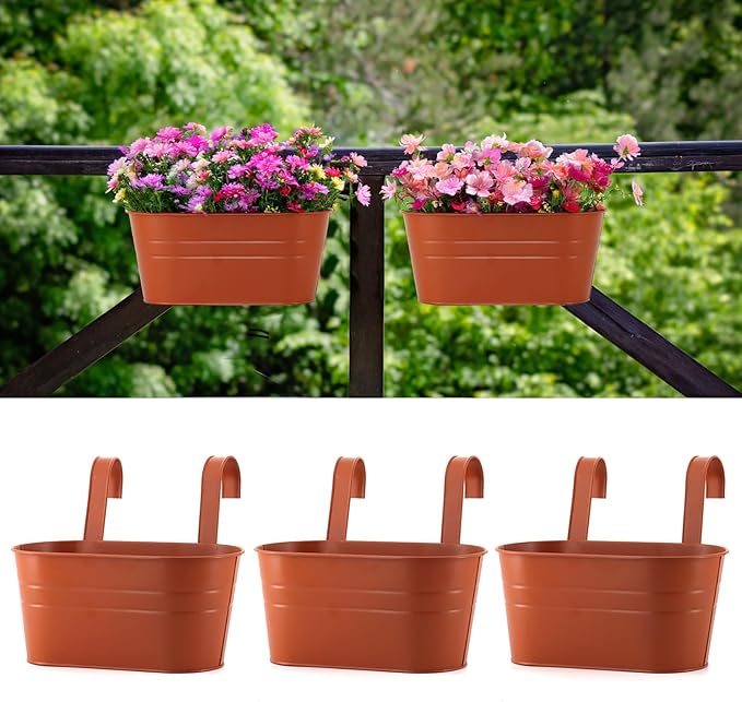 3 Pack Metal Railing Planters, 10.5" Oval Hanging Flower Pots by MeltsetM