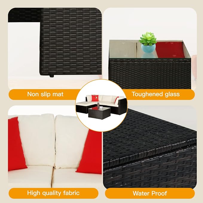 5 Pieces Patio Furniture Sets Outdoor Furniture Patio Sofa Wicker Sectional - Image 6