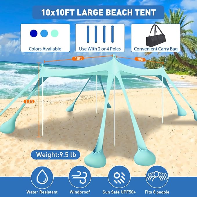 Beach Tent Sun Shelter 10x10ft Beach Canopy Easy Pop Up Sun Shade Portable - Image 2